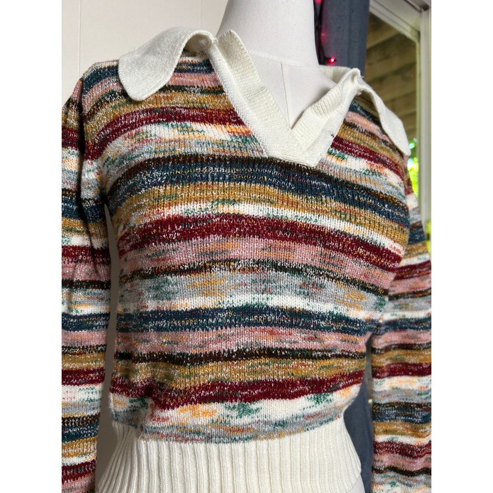 Vintage 70s Striped Polo Sweater Knit V-Neck S Boho Retro Fall Eclectic Boho - Picture 2 of 6